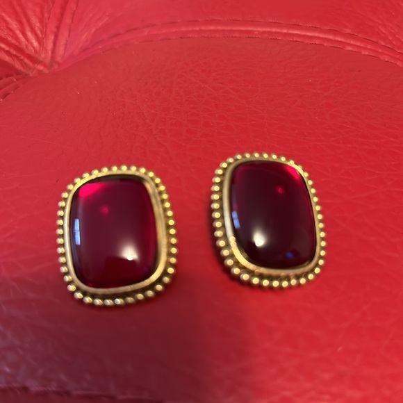 Yves Saint Laurent rectangle with red cabochon center clip earrings - Picture 6 of 14